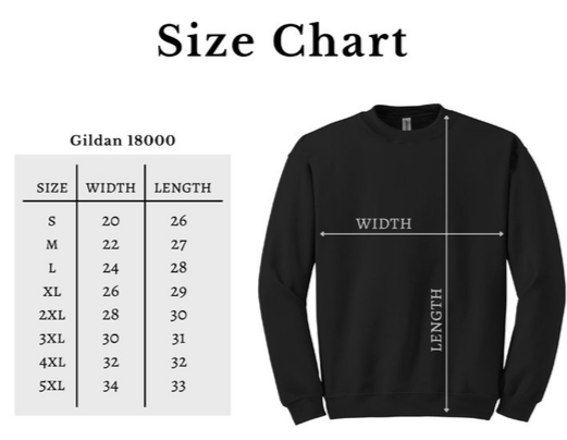 Size chart graphic showing a black crewneck sweatshirt with width and length measurement arrows, alongside a size table labeled Gildan 18000 with sizes S through 5XL and corresponding width and length values.